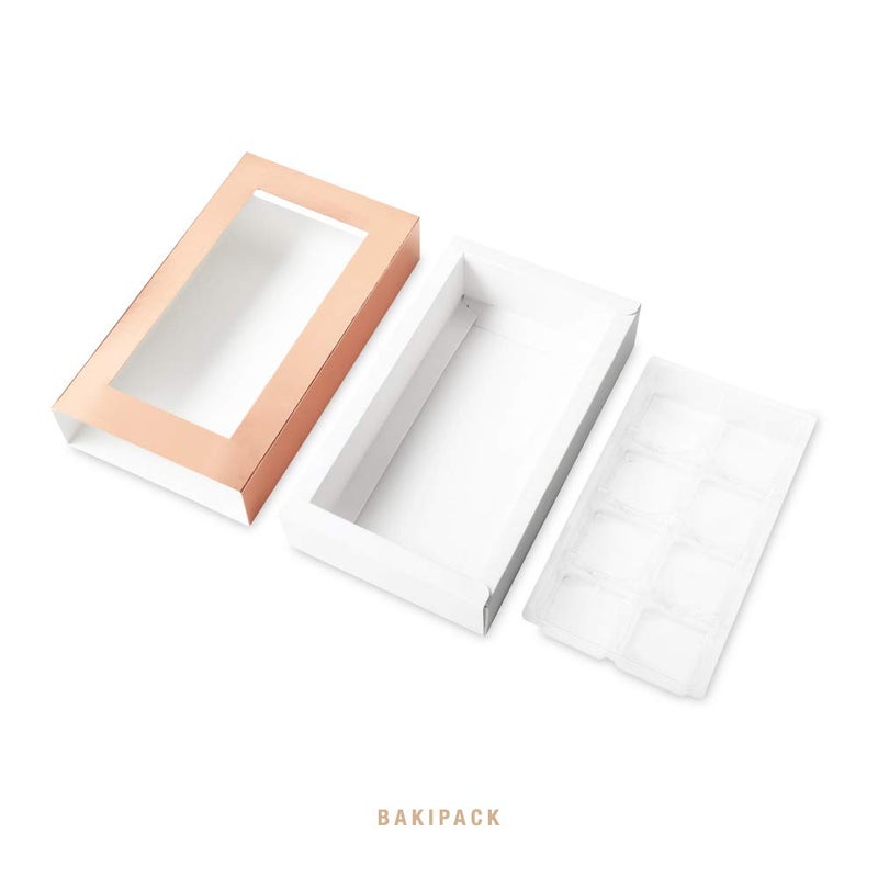 BAKIPACK 20 Rose Gold Truffle Box, Chocolate Box Packaging, Candy Boxes with 8-Piece Plastics Tray (Tray Size with 5.75x2.75 Inches), Pull Out Packing with Clear Window Sleeves - Image 5